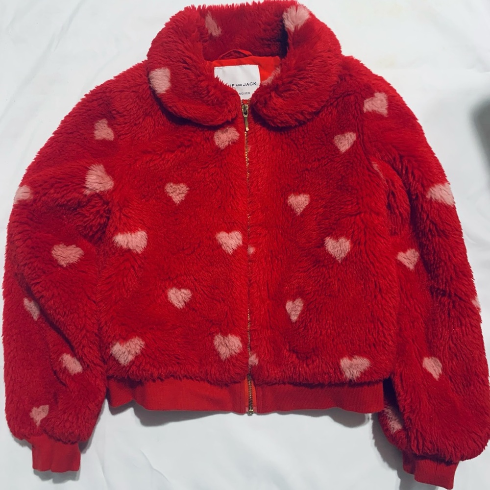 Red Janie and Jack little girls faux fur jacket with pink hearts